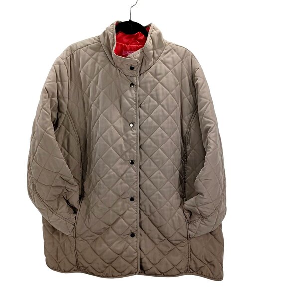 Women Within Quilted Jacket Barn Coat Snaps Down Tan/Red Diamond Quilt Size 1X - Picture 1 of 7